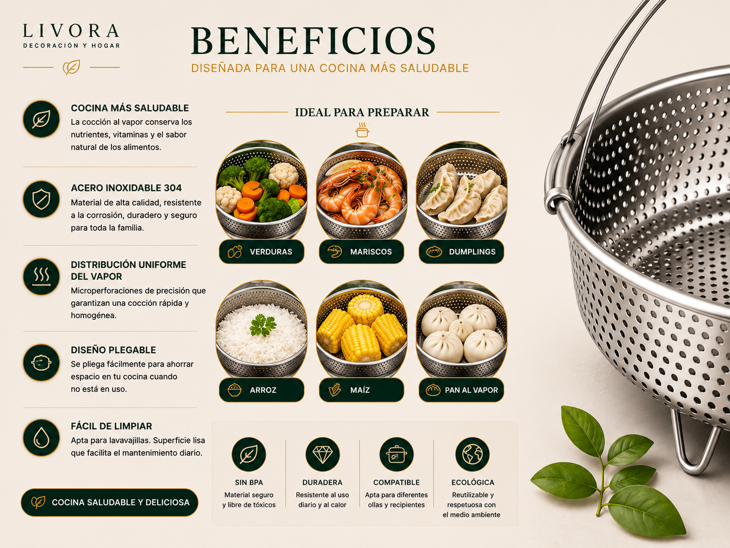 Cesta multifunción para escurrir y cocinar al vapor
