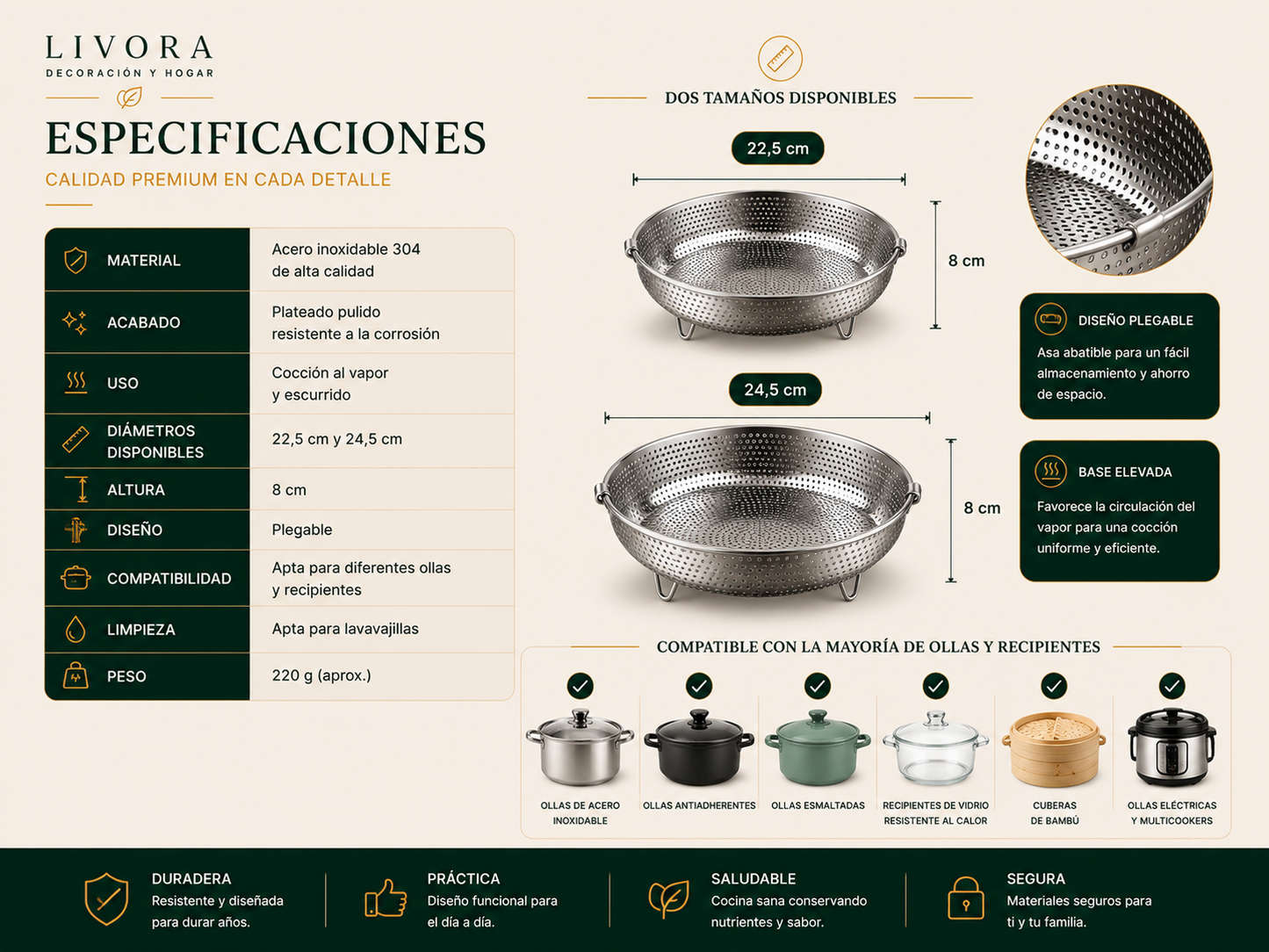 Cesta multifunción para escurrir y cocinar al vapor