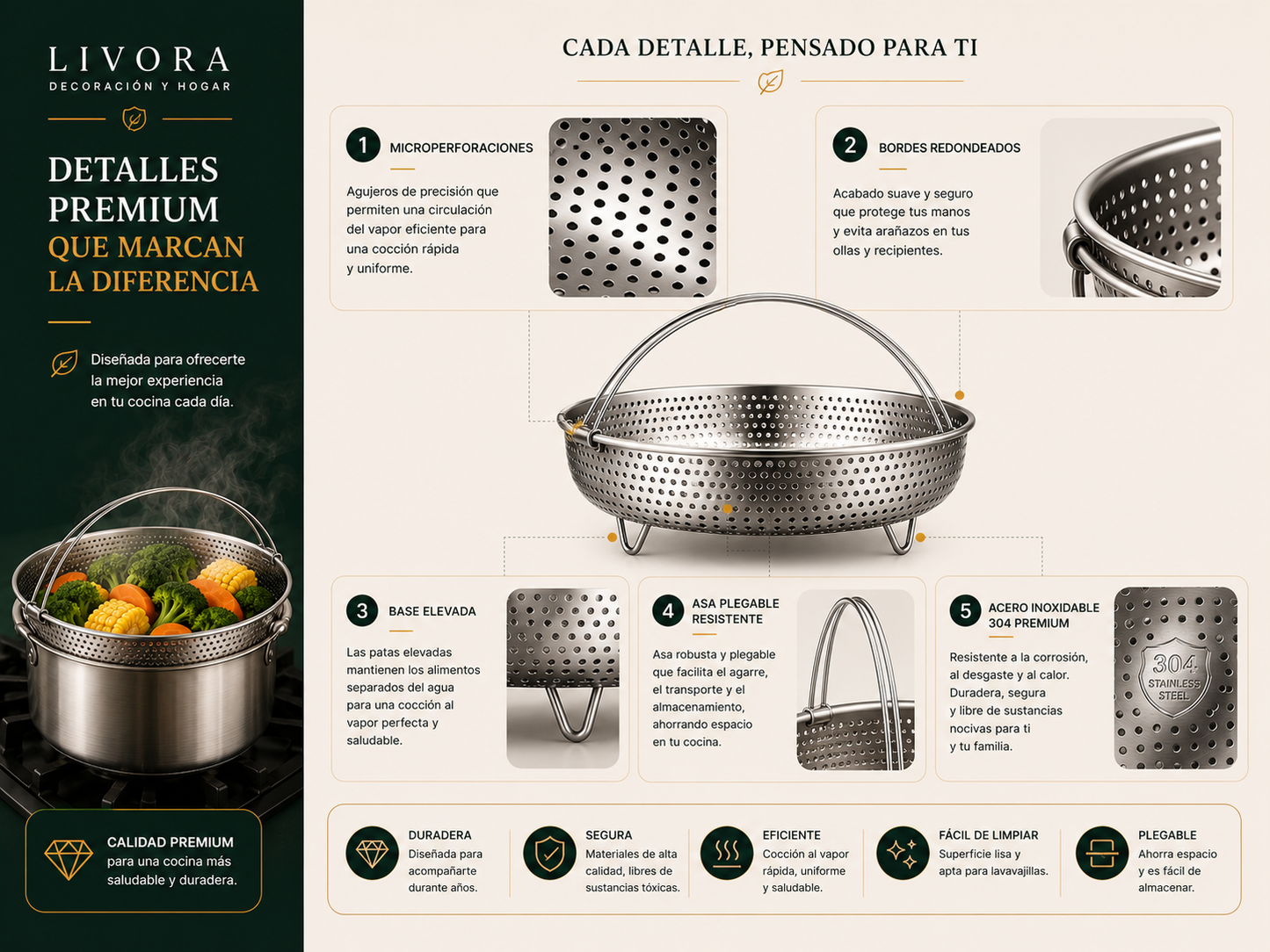 Cesta multifunción para escurrir y cocinar al vapor